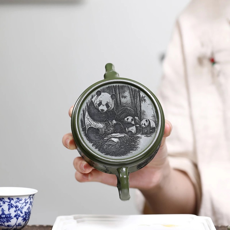 Ấm Tử Sa Hán Ngõa Trúc Tiết Khắc Gấu Trúc