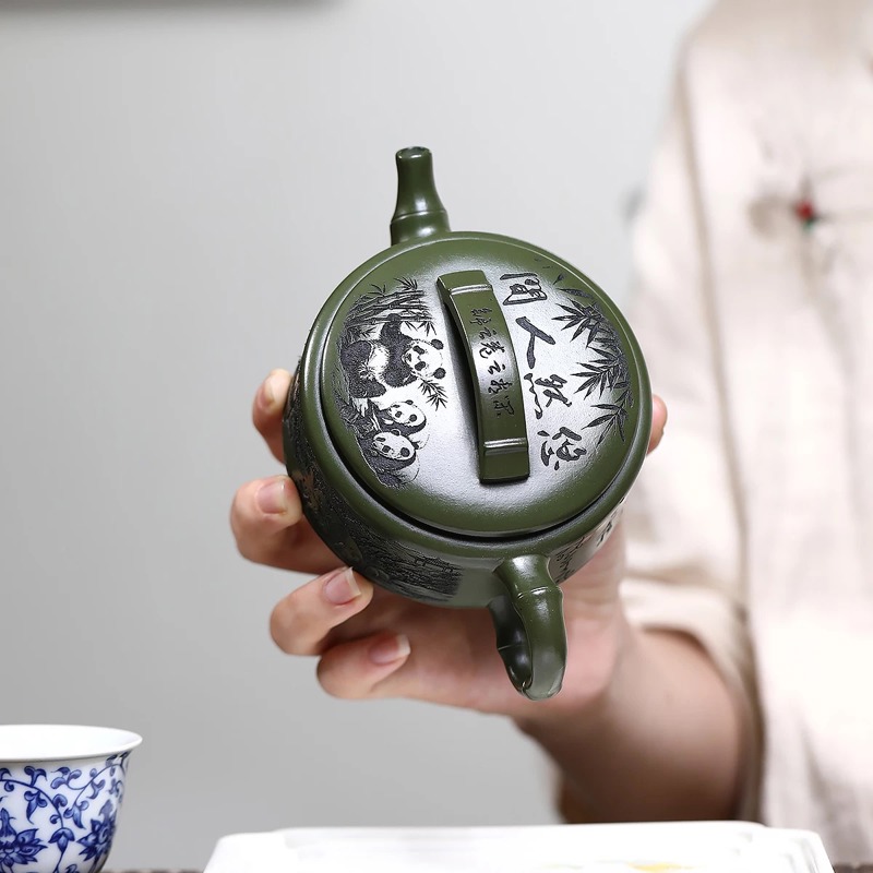 Ấm Tử Sa Hán Ngõa Trúc Tiết Khắc Gấu Trúc